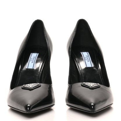Prada Spazzolato Metal Triangle Logo Pointed Toe Pumps 36.5 Black 3 of 7