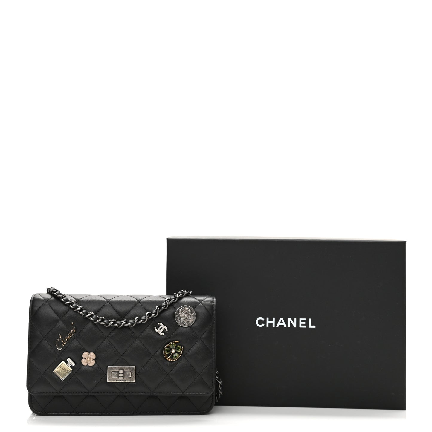 Aged Calfskin Quilted Lucky Charms 2.55 Reissue Wallet On Chain WOC Black