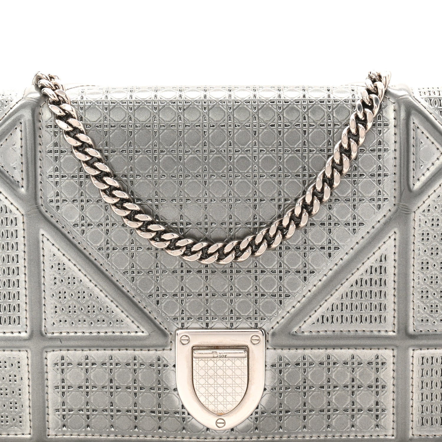 Christian Dior Metallic Patent Micro-Cannage Diorama Wallet on Chain Pouch Silver 7 of 9