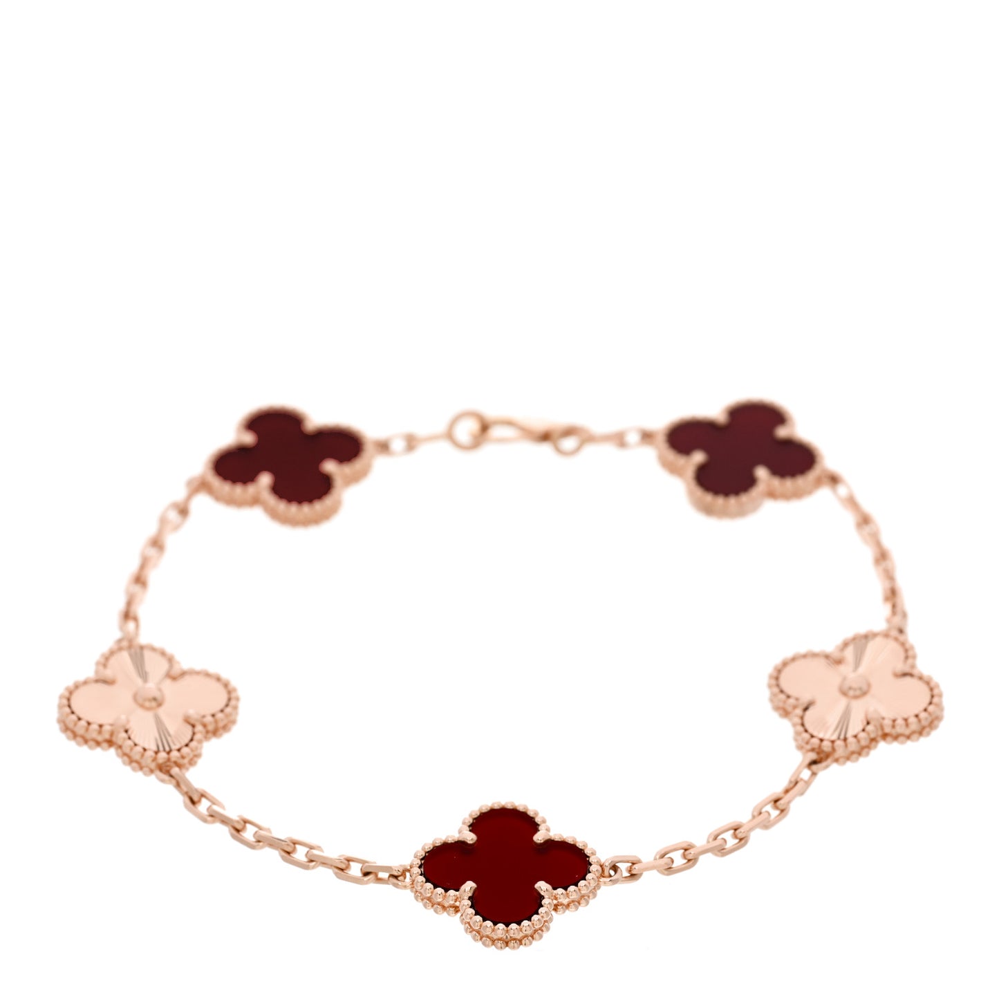 18K Rose Gold Carnelian 5 Motifs Guilloche Vintage Alhambra Bracelet