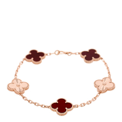 Van Cleef & Arpels 18K Rose Gold Carnelian 5 Motifs Guilloche Vintage Alhambra Bracelet 1 of 5