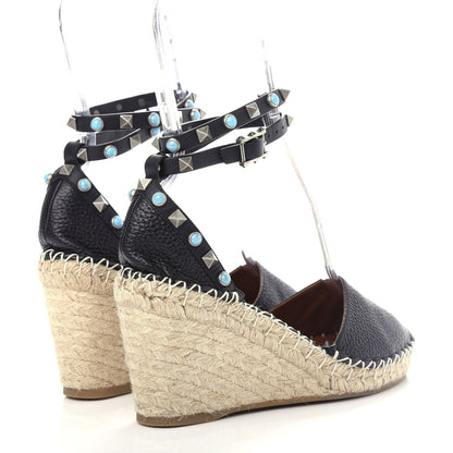 Valentino Garavani Grained Calfskin Turquoise Rockstud Rolling Ankle Wrap Espadrille 15/85mm Wedges 36 Black 4 of 12