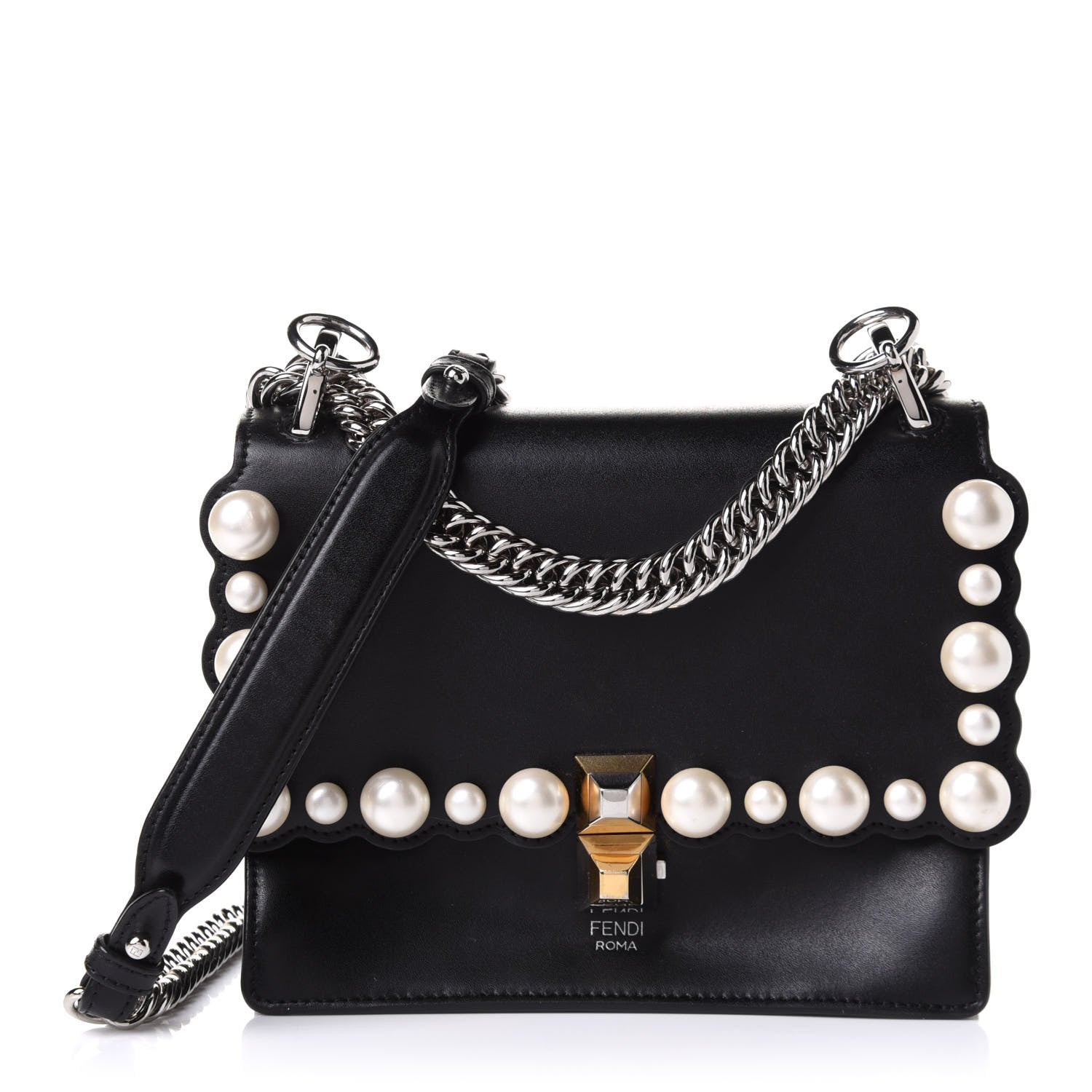 Fendi Vitello Liberty Pearl Scalloped Studded Small Kan I Shoulder Bag Black 1 of 10