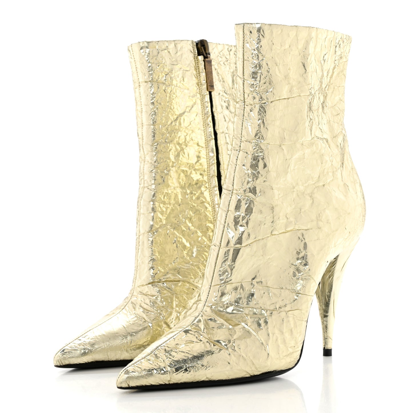 Metallic Crinkled Polyurethane Calfskin Kiki Pointed Toe Ankle Boots 38 Gold