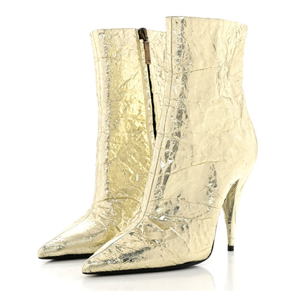 Saint Laurent Metallic Crinkled Polyurethane Calfskin Kiki Pointed Toe Ankle Boots 38 Gold 3 of 8