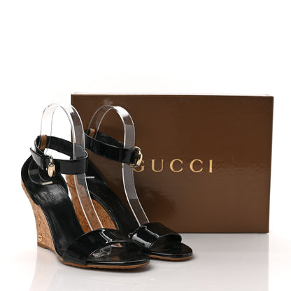 Gucci Vitello Vernice Cork Wedge Sandals 6.5 Black Naturale 9 of 9