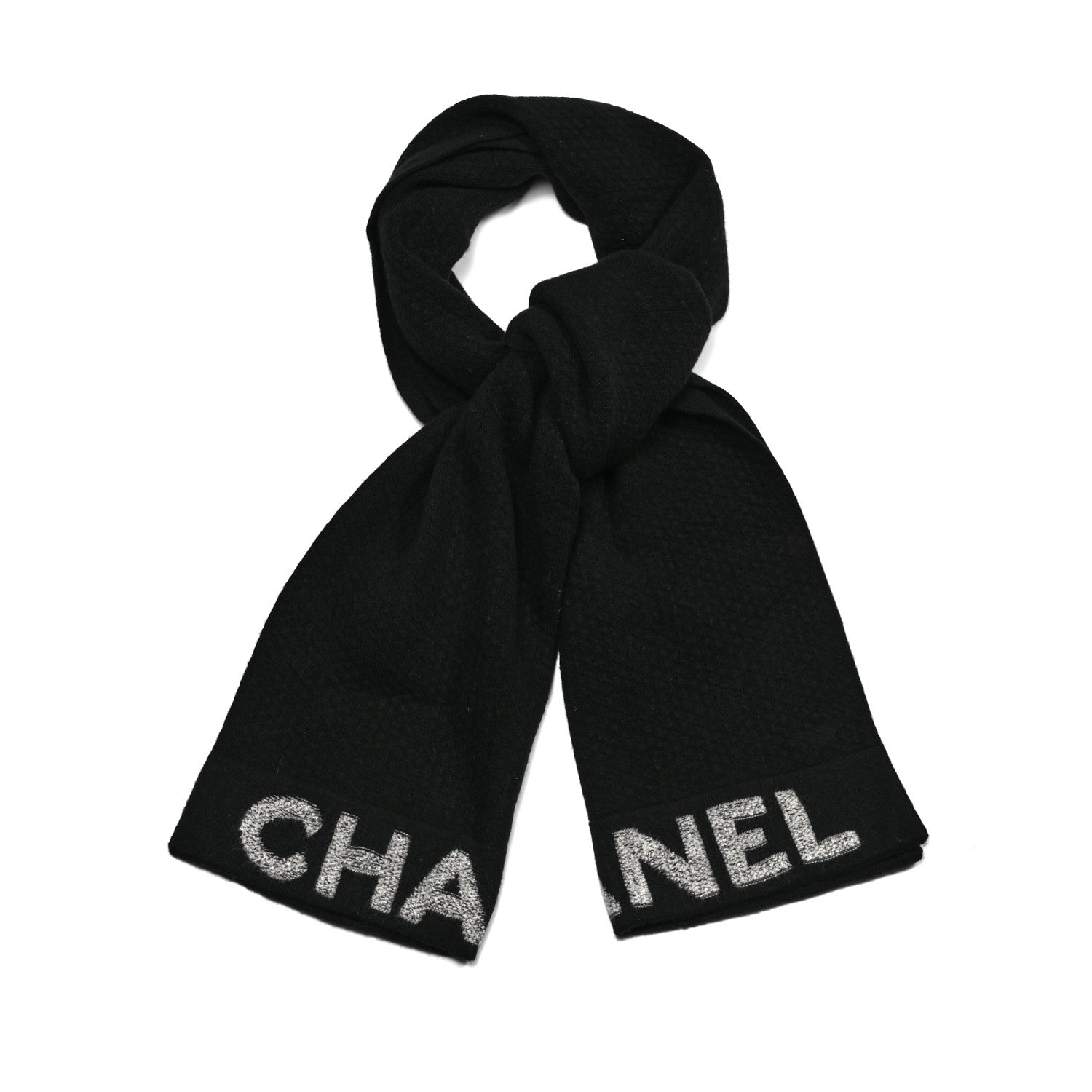 Chanel Wool Cashmere CC Scarf Black White 1 of 4