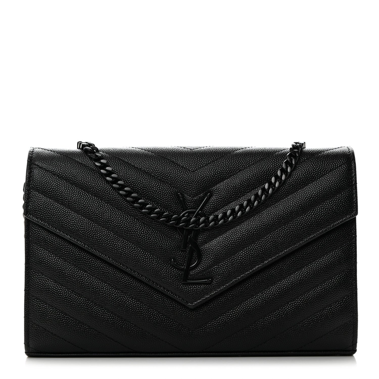 Saint Laurent Grain De Poudre Matelasse Chevron Monogram Monochrome Chain Wallet Black 1 of 10