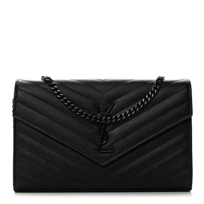 Saint Laurent Grain De Poudre Matelasse Chevron Monogram Monochrome Chain Wallet Black 1 of 10