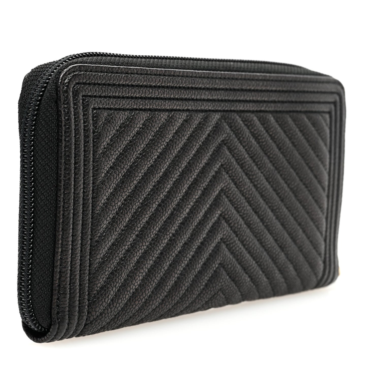 Caviar Chevron Quilted Zip Around Boy Wallet Black