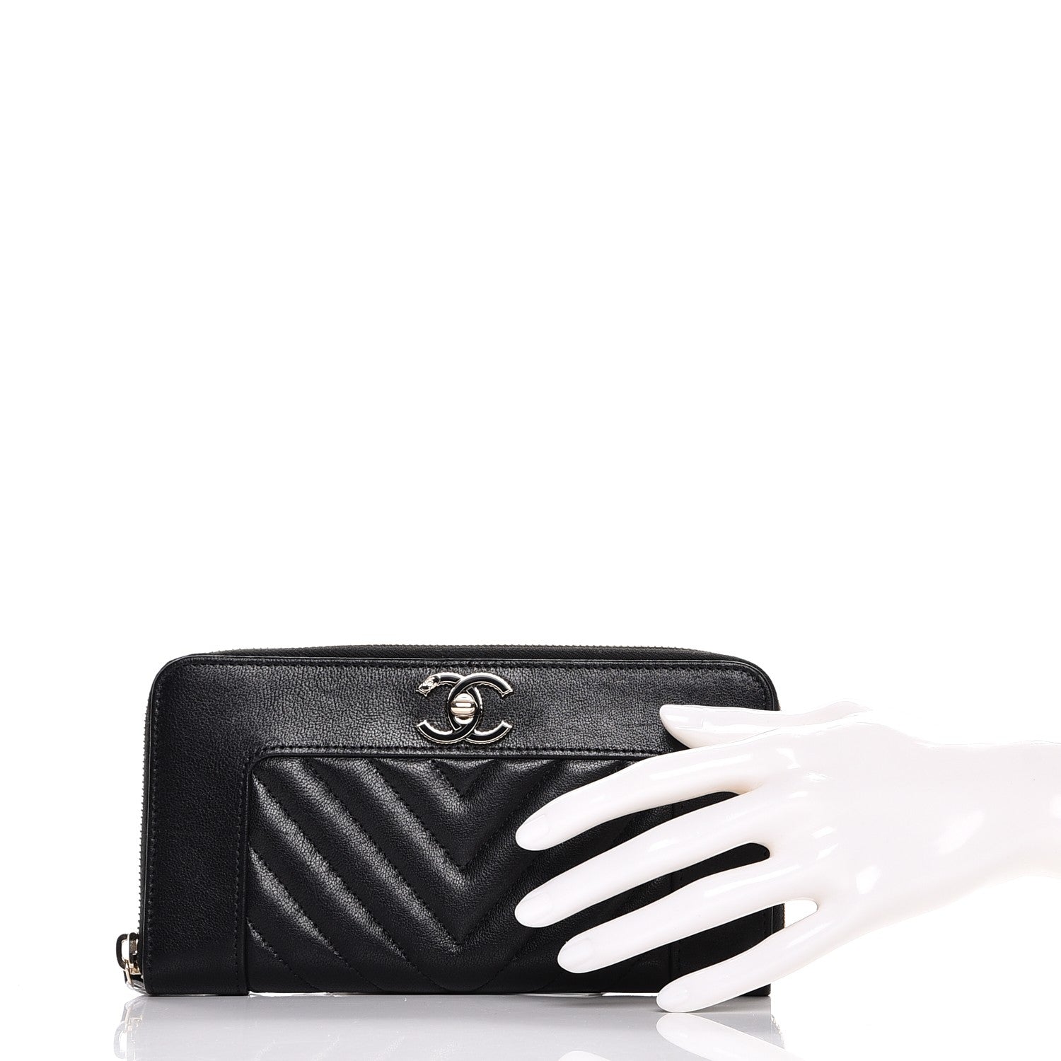 Chanel Sheepskin Chevron Quilted Zip Around Wallet Black 2 of 9