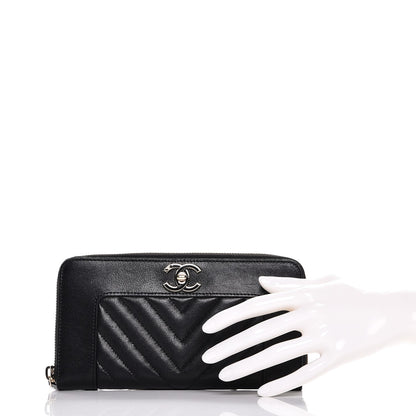 Chanel Sheepskin Chevron Quilted Zip Around Wallet Black 2 of 9