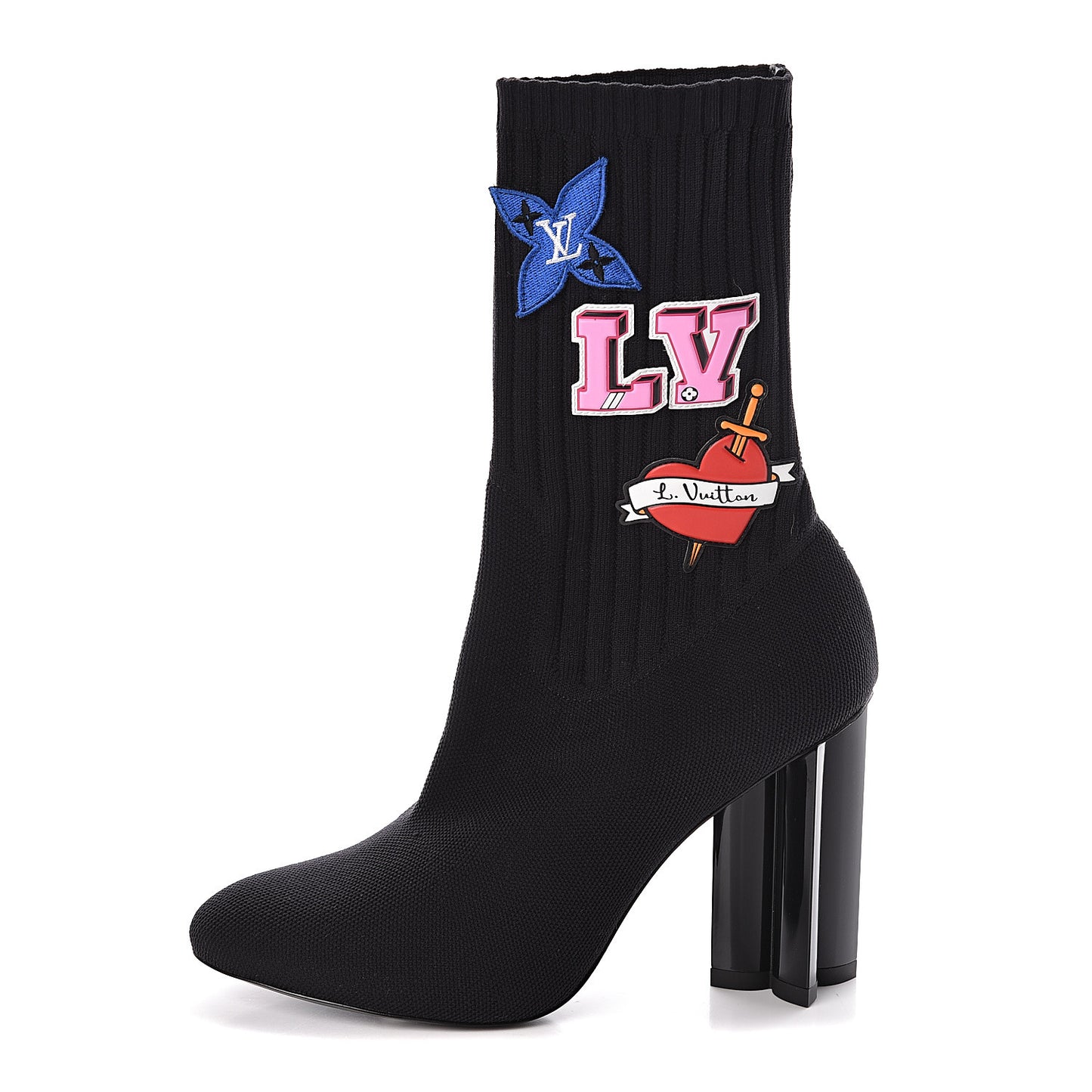 Stretch Fabric LV Black Heart Sock Ankle Boots 38 Black