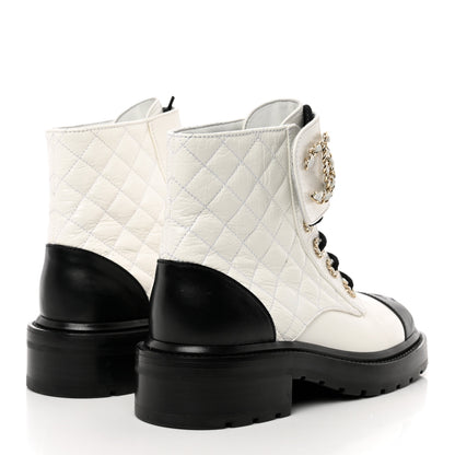 Chanel Shiny Goatskin Calfskin Quilted Lace Up Combat Boots 36 White Black 4 of 8