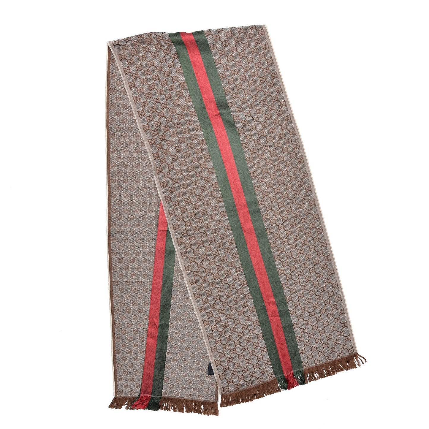 Wool Silk GG Monogram Web Verbier Fringe Scarf Light Brown Dark Green