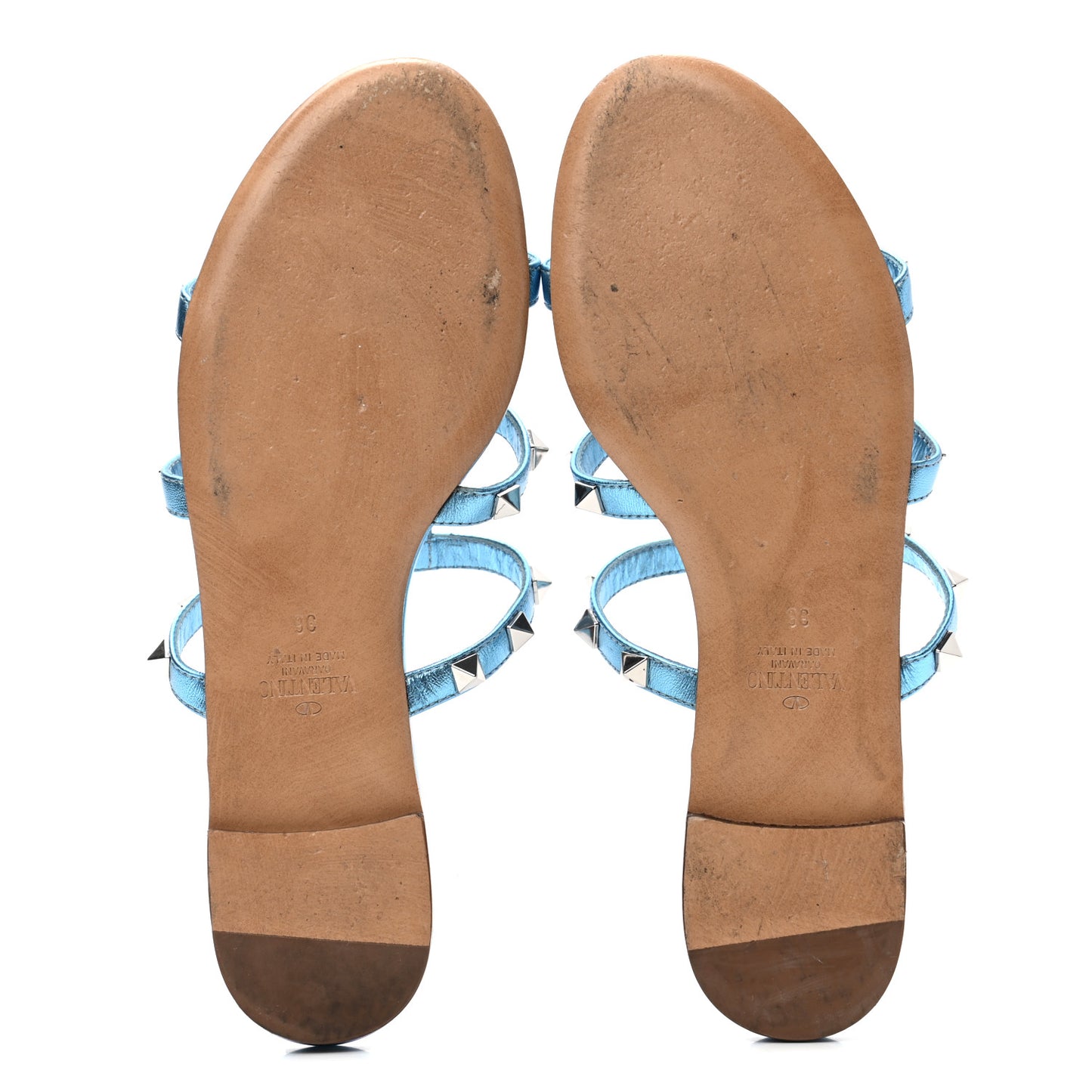 Metallic Calfskin Rockstud Caged Flat Slide Sandals 36 Cerulean