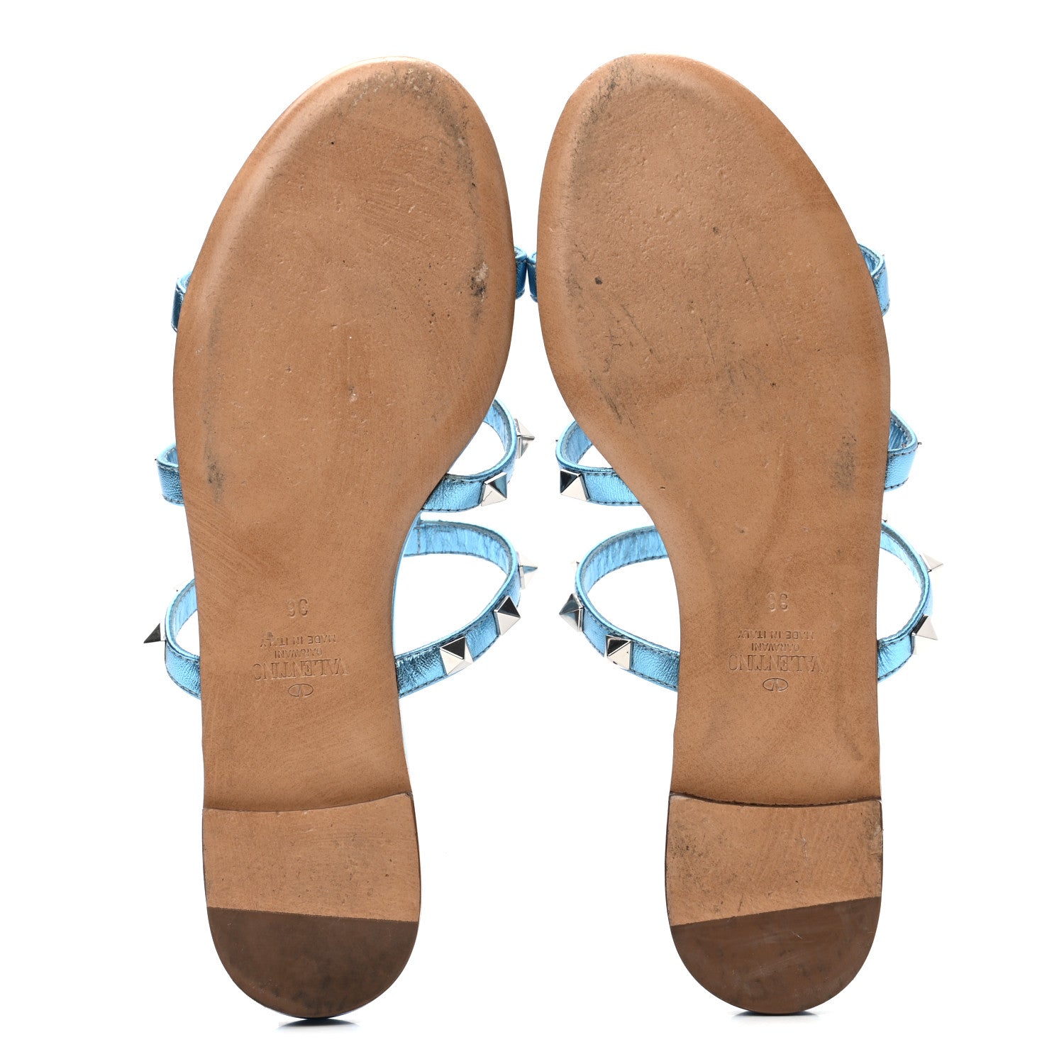 Valentino Garavani Metallic Calfskin Rockstud Caged Flat Slide Sandals 36 Cerulean 5 of 9
