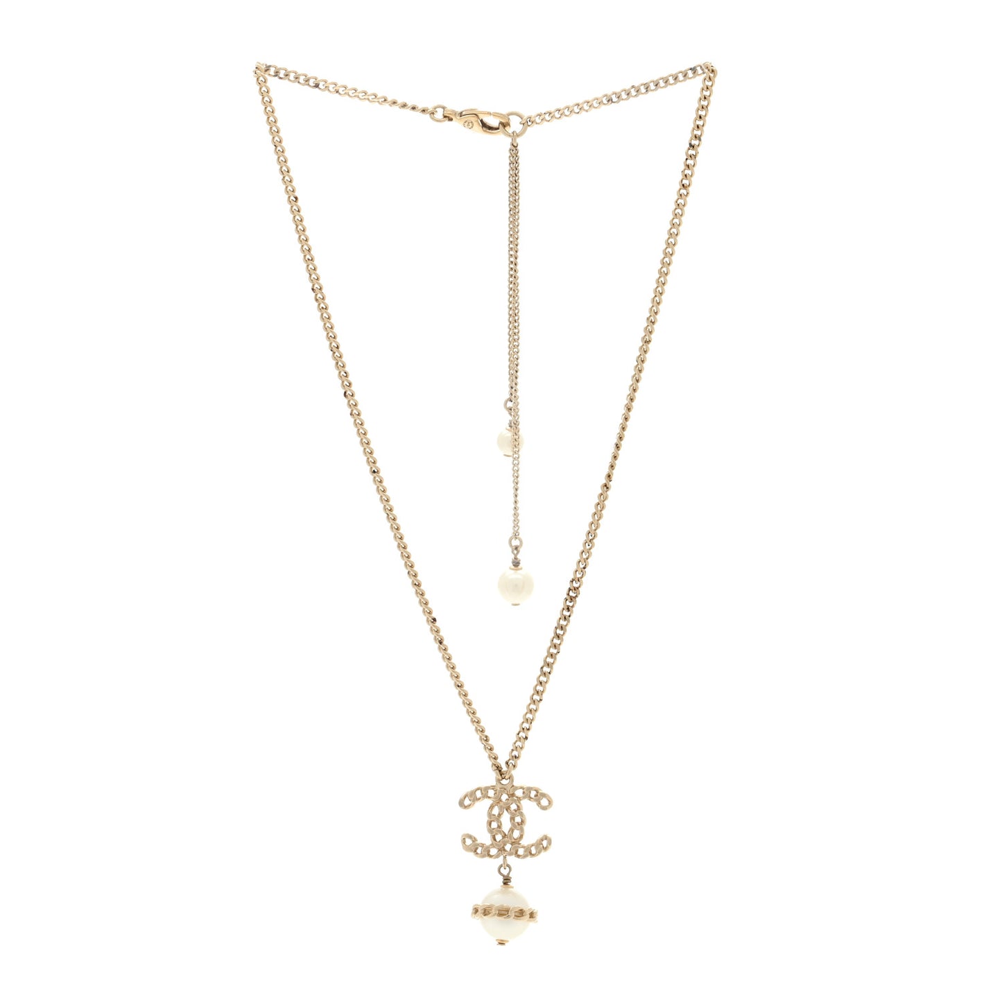 Metal Pearl CC Chain Drop Pendant Necklace Gold