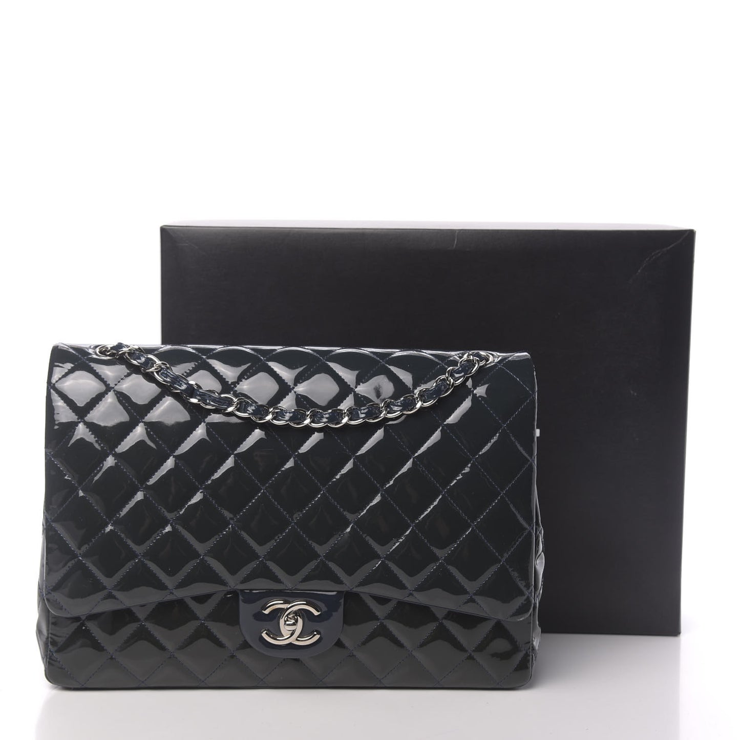 Patent Quilted Maxi Double Flap Navy Blue
