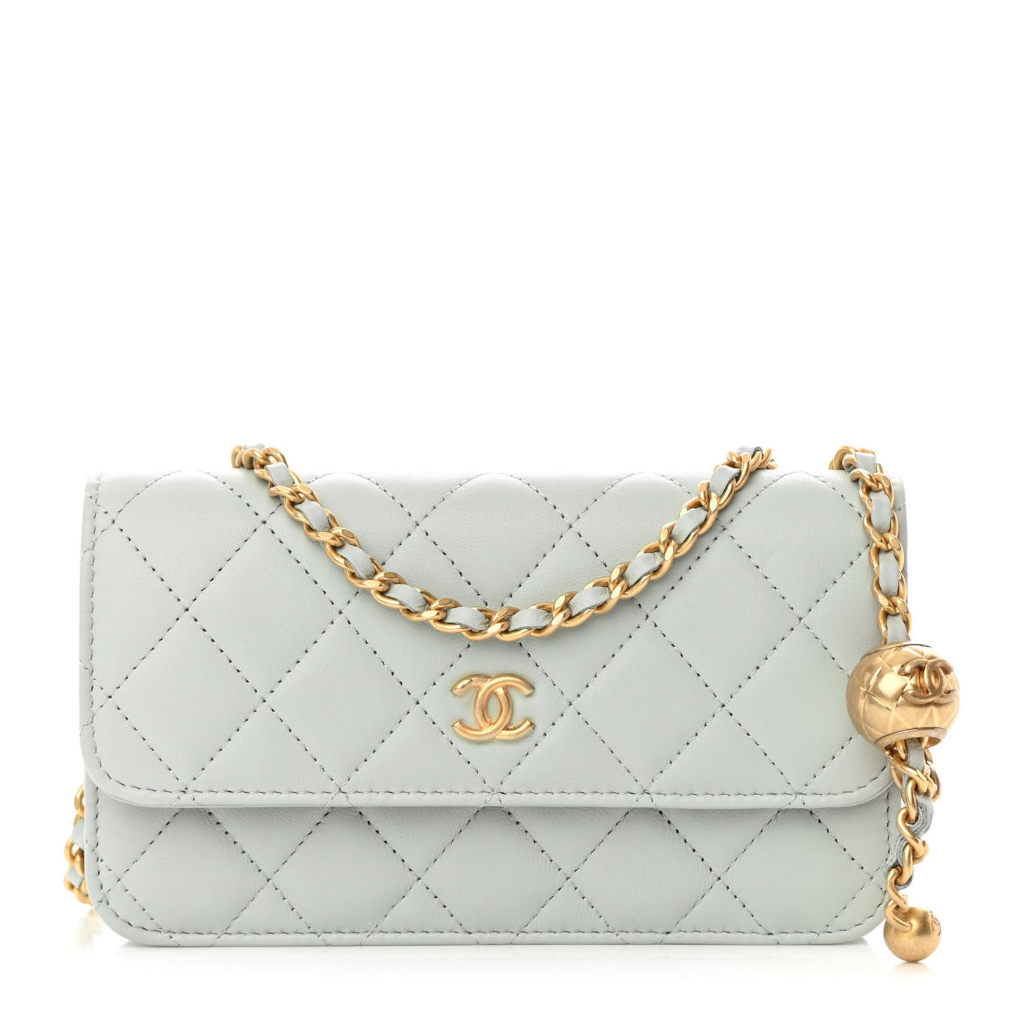 Lambskin Pearl Crush Quilted Flap Phone Holder With Chain Light Grey