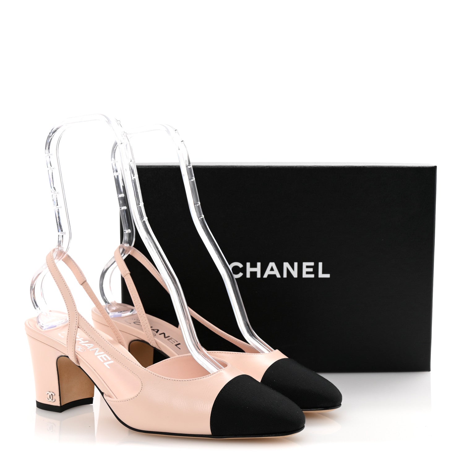 Chanel Calfskin Grosgrain Cap Toe CC Slingback Pumps 39.5 Light Pink Black 10 of 10