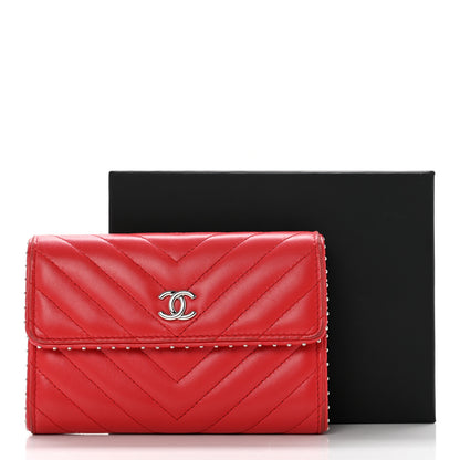 Chanel Lambskin Chevron Quilted Studded Card Holder Red 9 of 9