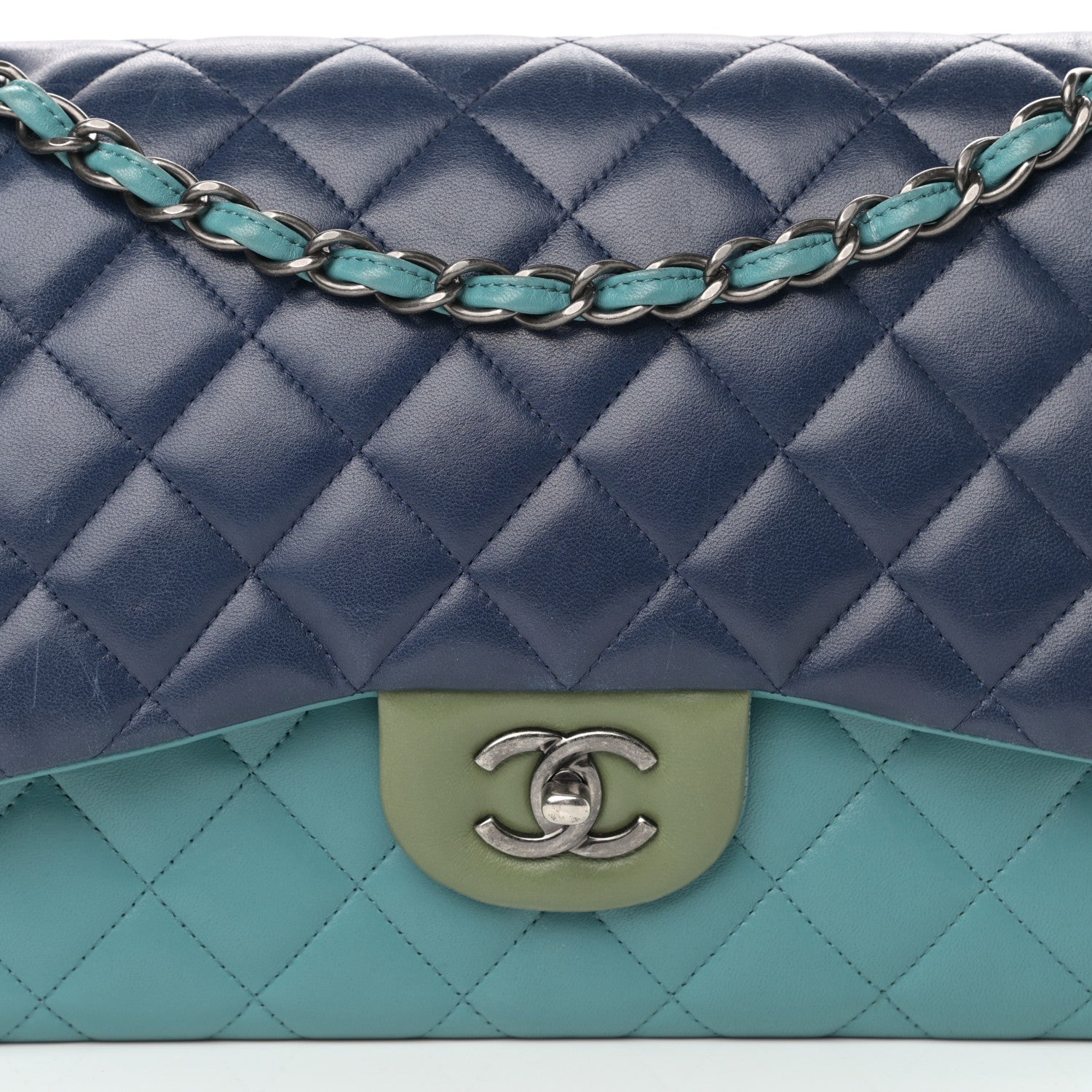Chanel Lambskin Quilted Tri-Color Jumbo Double Flap Navy Blue Green 14 of 39