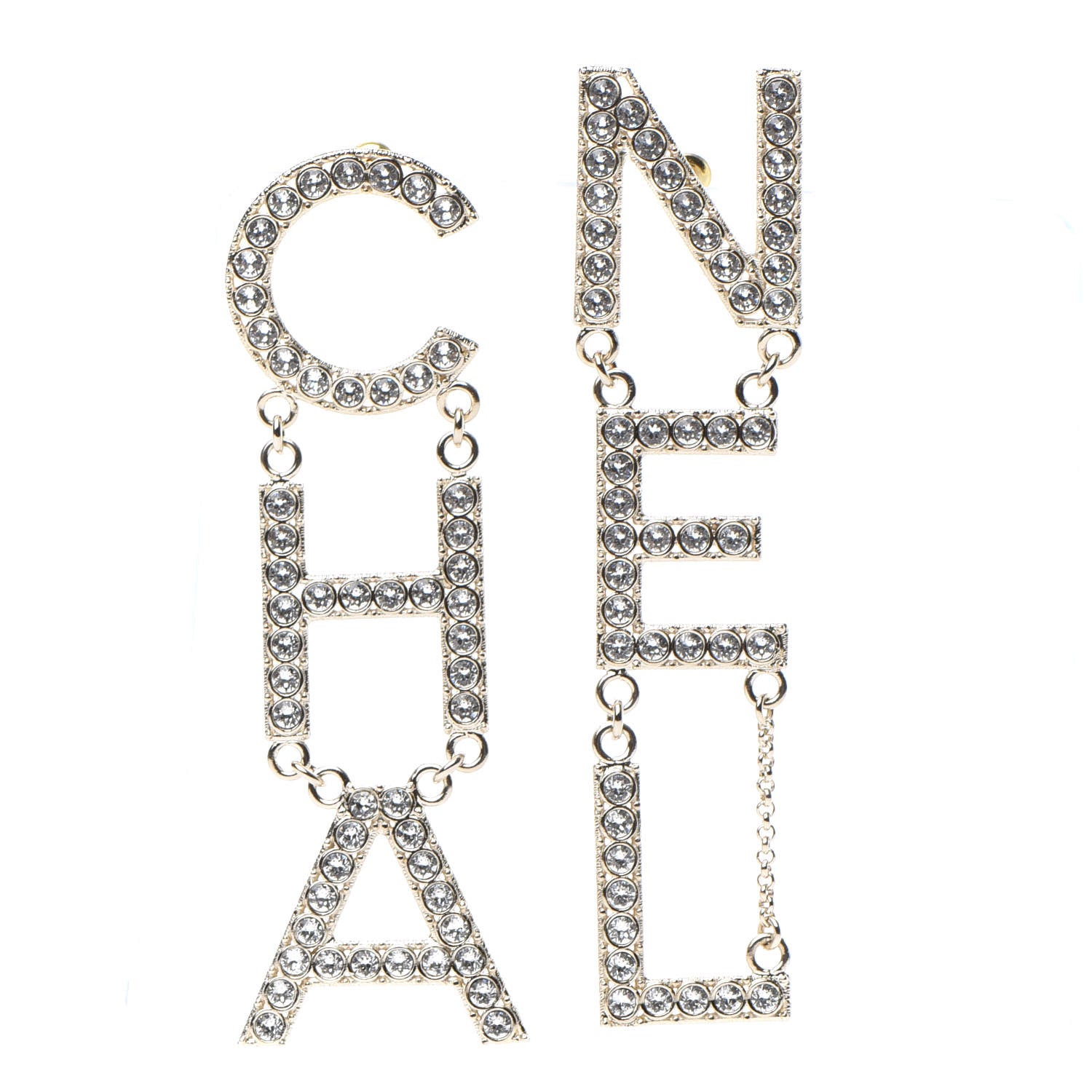 Chanel Crystal Cha-Nel Logo Drop Earrings Gold 1 of 4