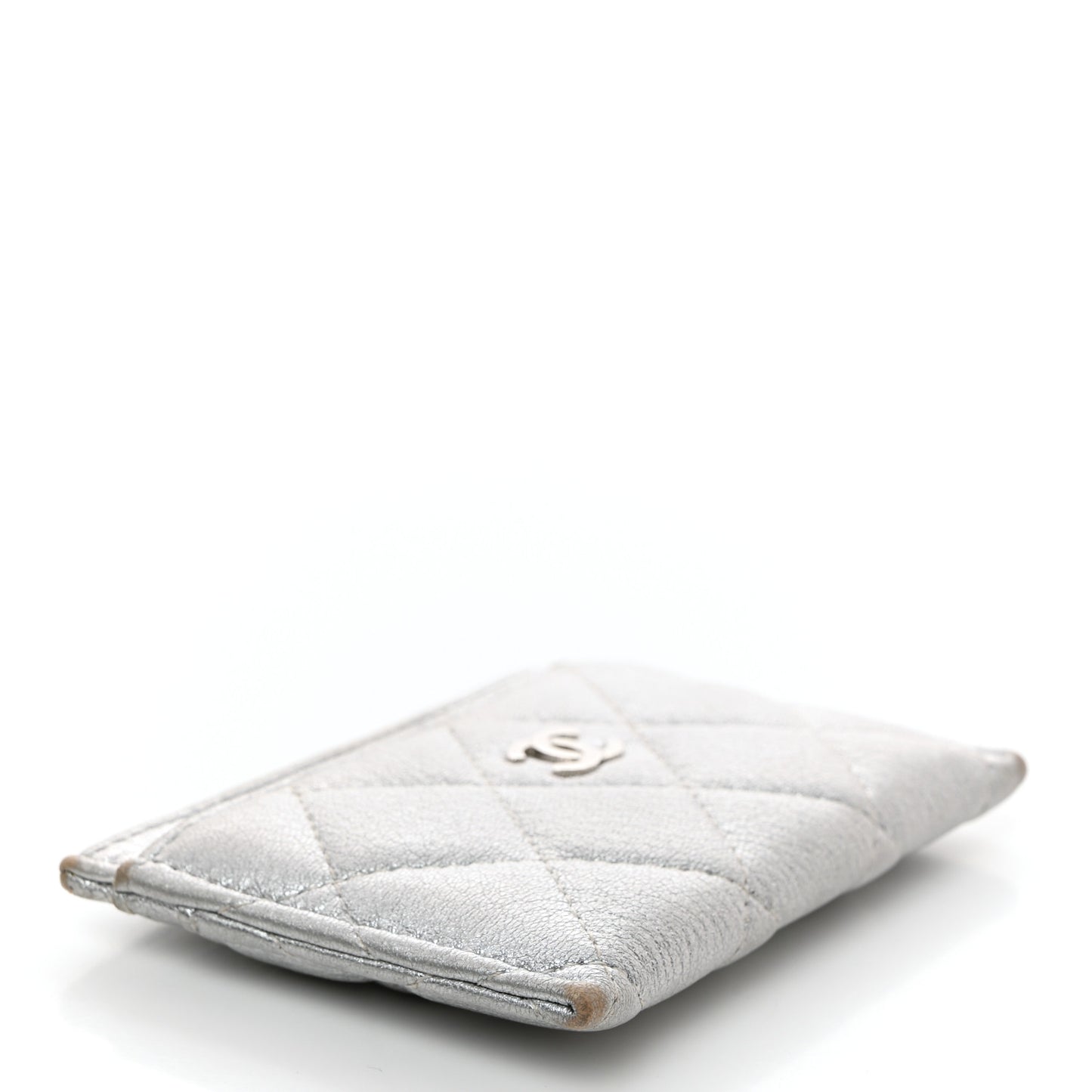 Metallic Lambskin Quilted Card Holder Silver