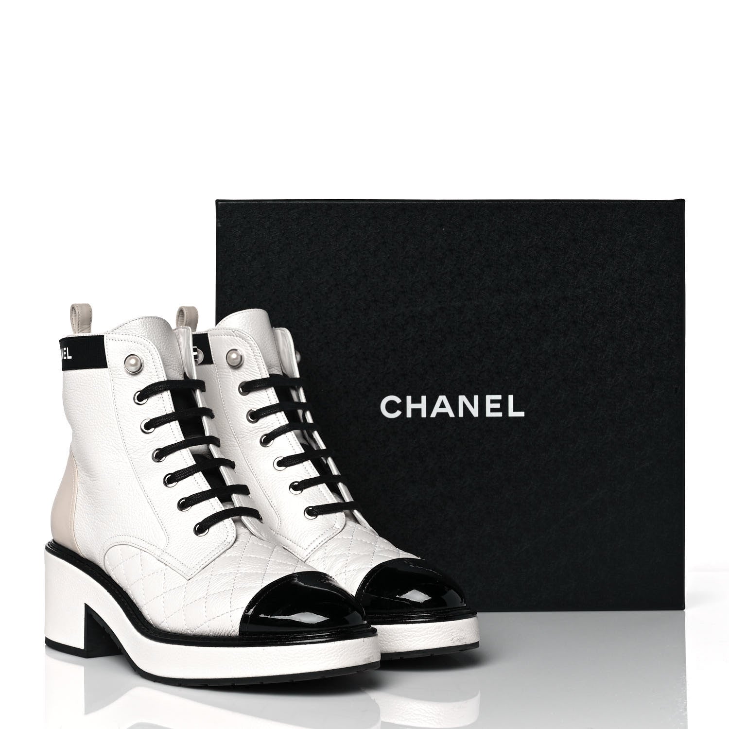 Chanel Pearly Calfskin Patent Calfskin Quilted Lace Up Boots 40 White Light Gray Black 8 of 8