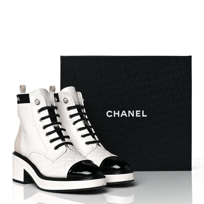 Chanel Pearly Calfskin Patent Calfskin Quilted Lace Up Boots 40 White Light Gray Black 8 of 8