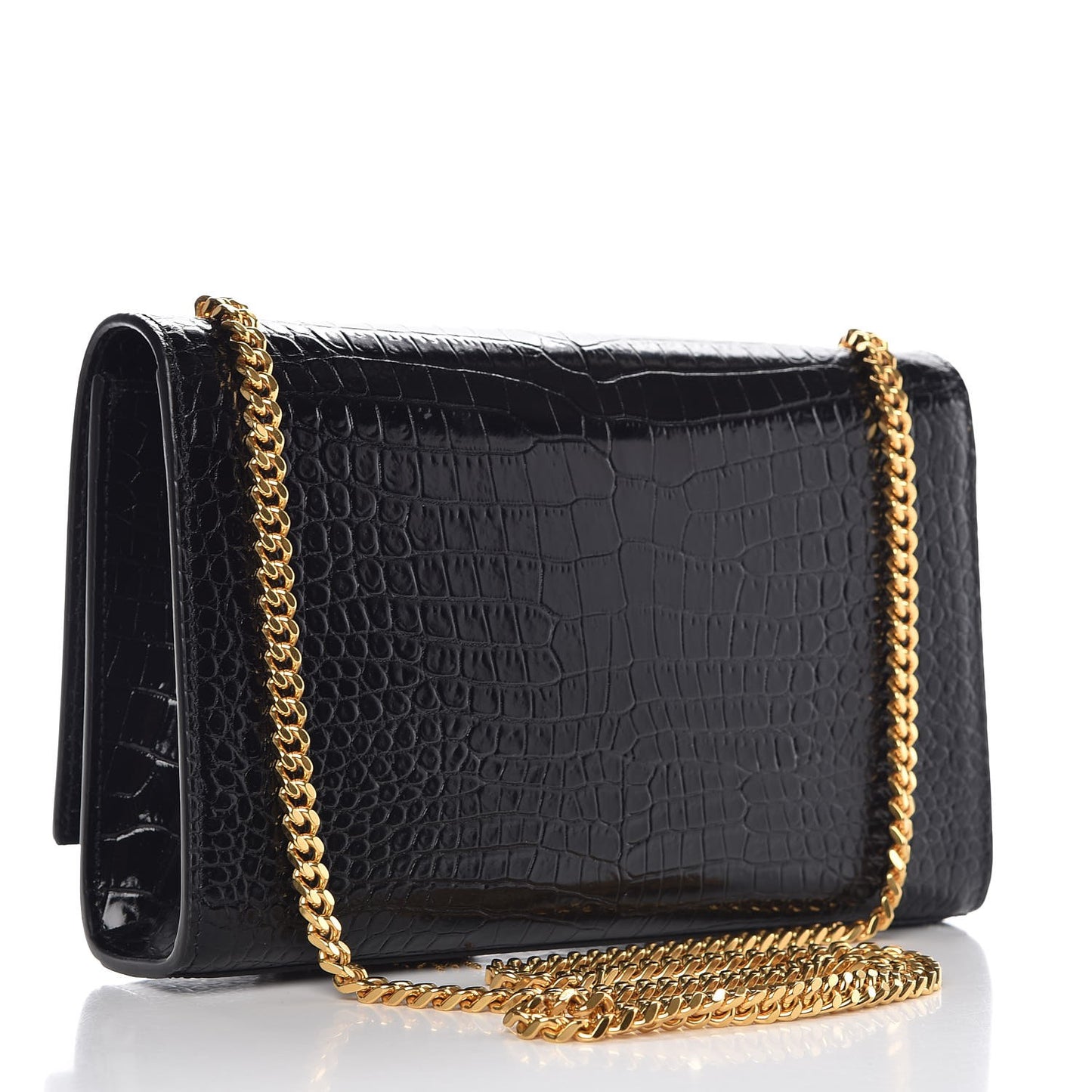 Calfskin Crocodile Embossed Medium Classic Monogram Kate Tassel Satchel Black