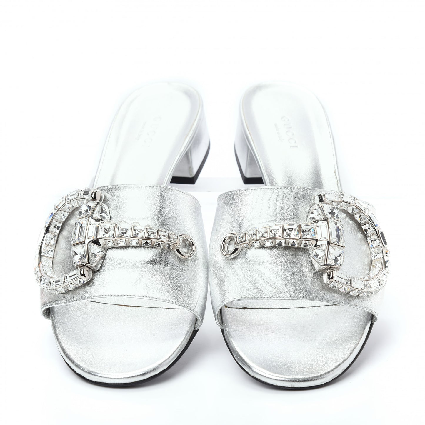 Metallic Nappa Crystal Maxine Horsebit Slide Sandals 38.5 Silver