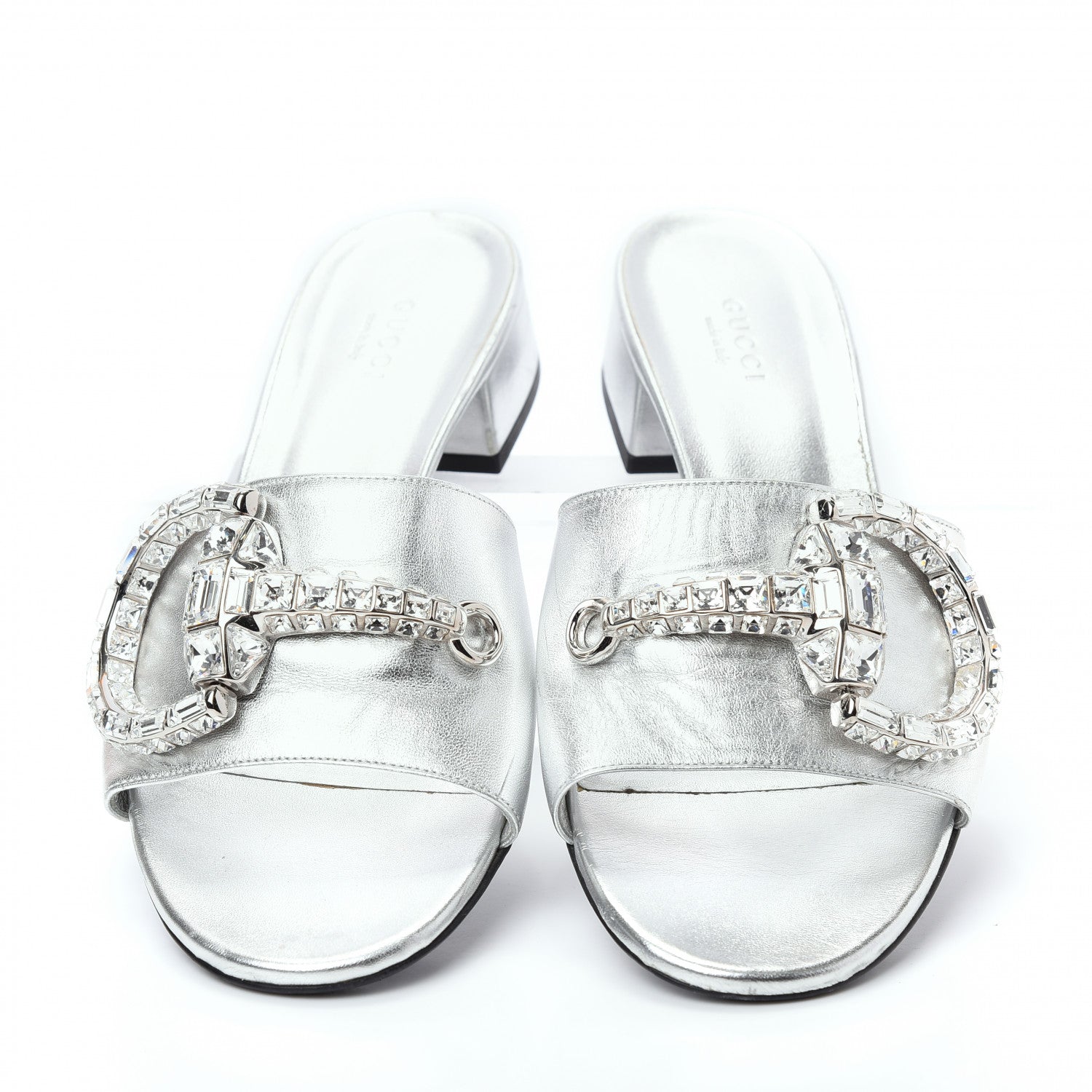 Gucci Metallic Nappa Crystal Maxine Horsebit Slide Sandals 38.5 Silver 5 of 10