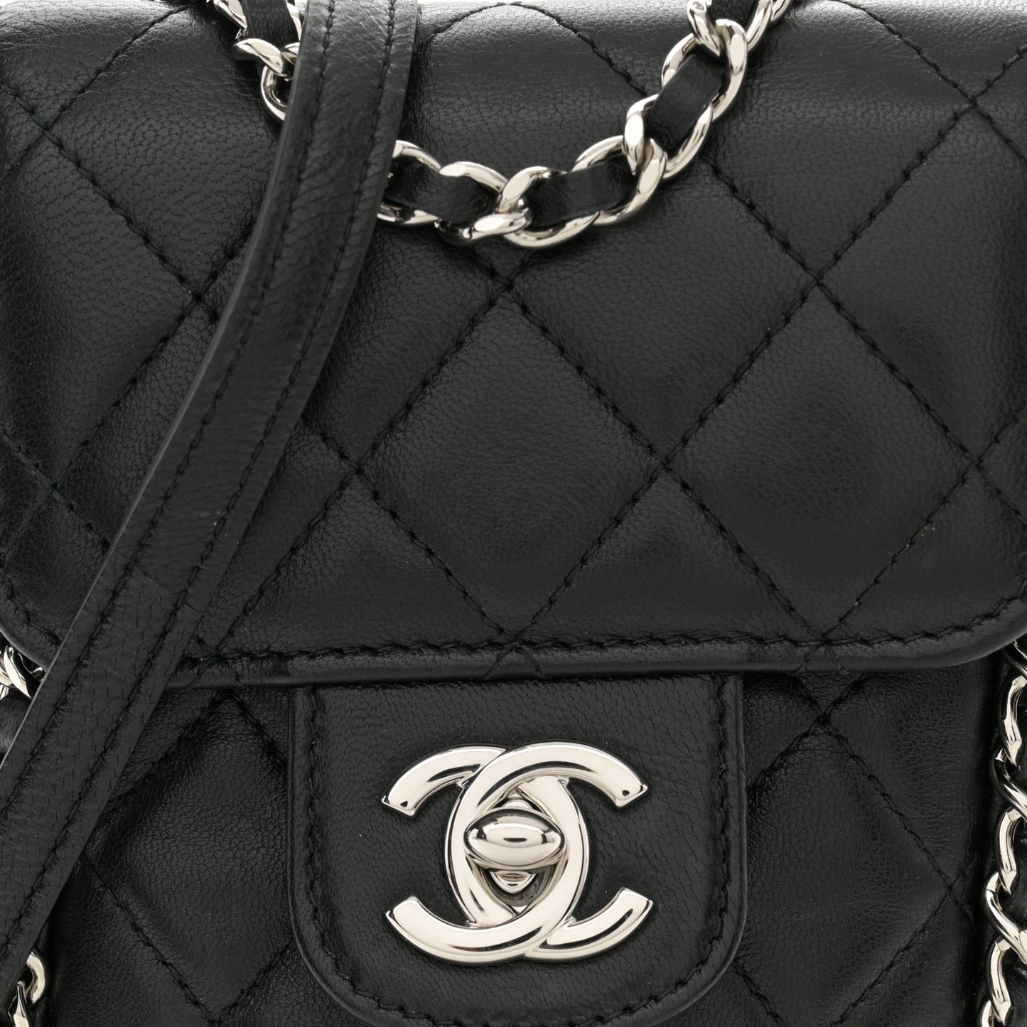 Lambskin Quilted Chain Around Flap Crossbody Black
