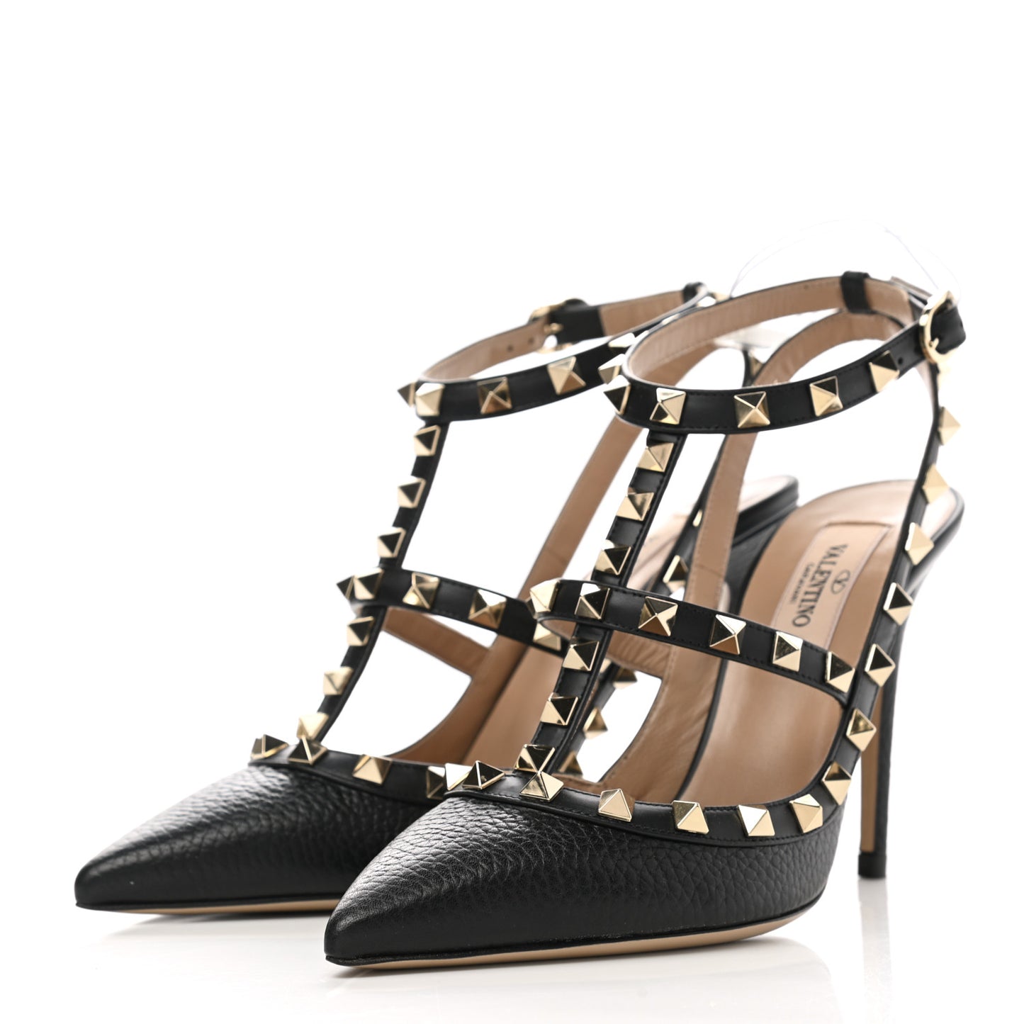 Pebbled Calfskin Rockstud Ankle Strap 100mm Pumps 35 Black