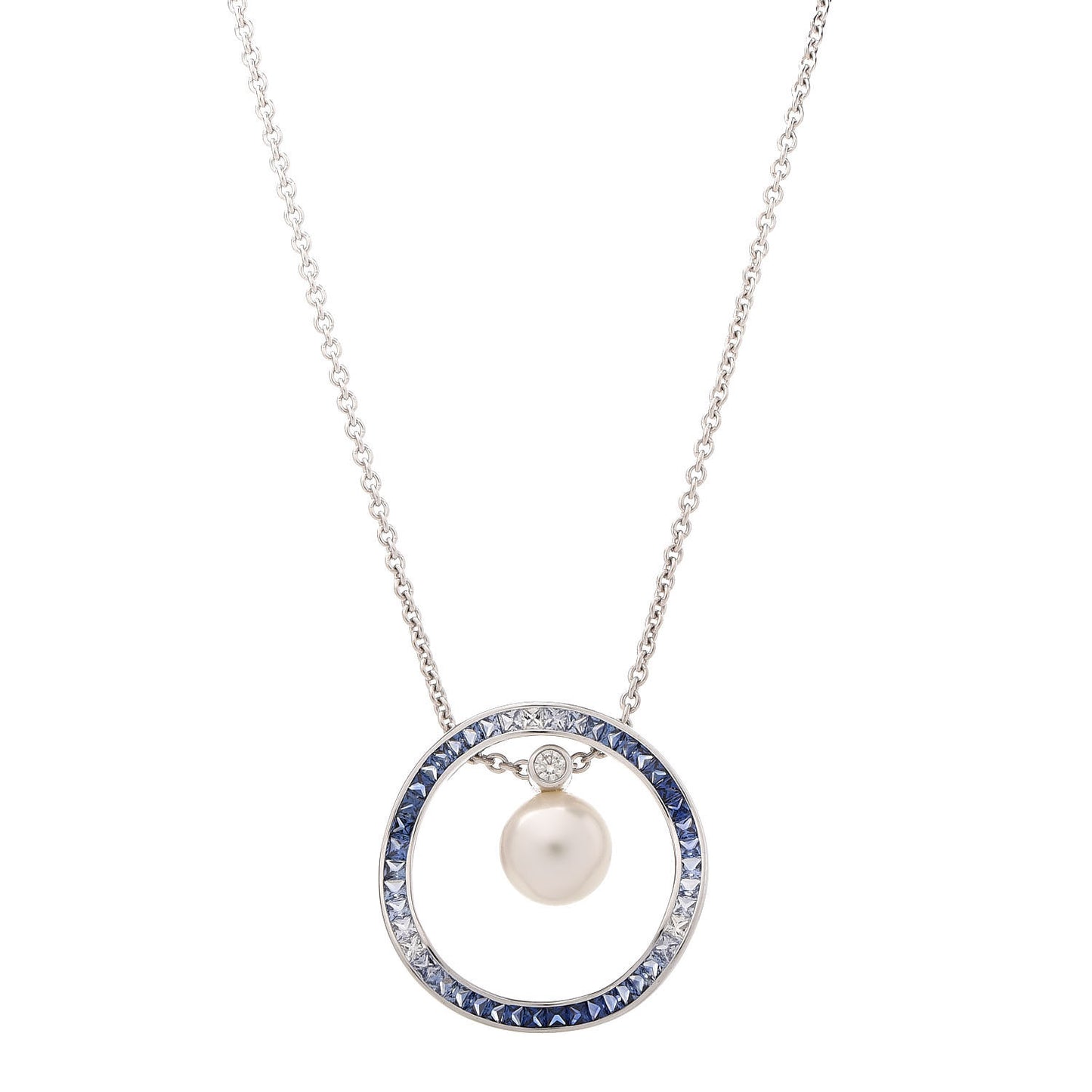 18K White Gold Sapphire Diamond Akoya Pearl 9.5-10mm Elements of Life Pendant Necklace