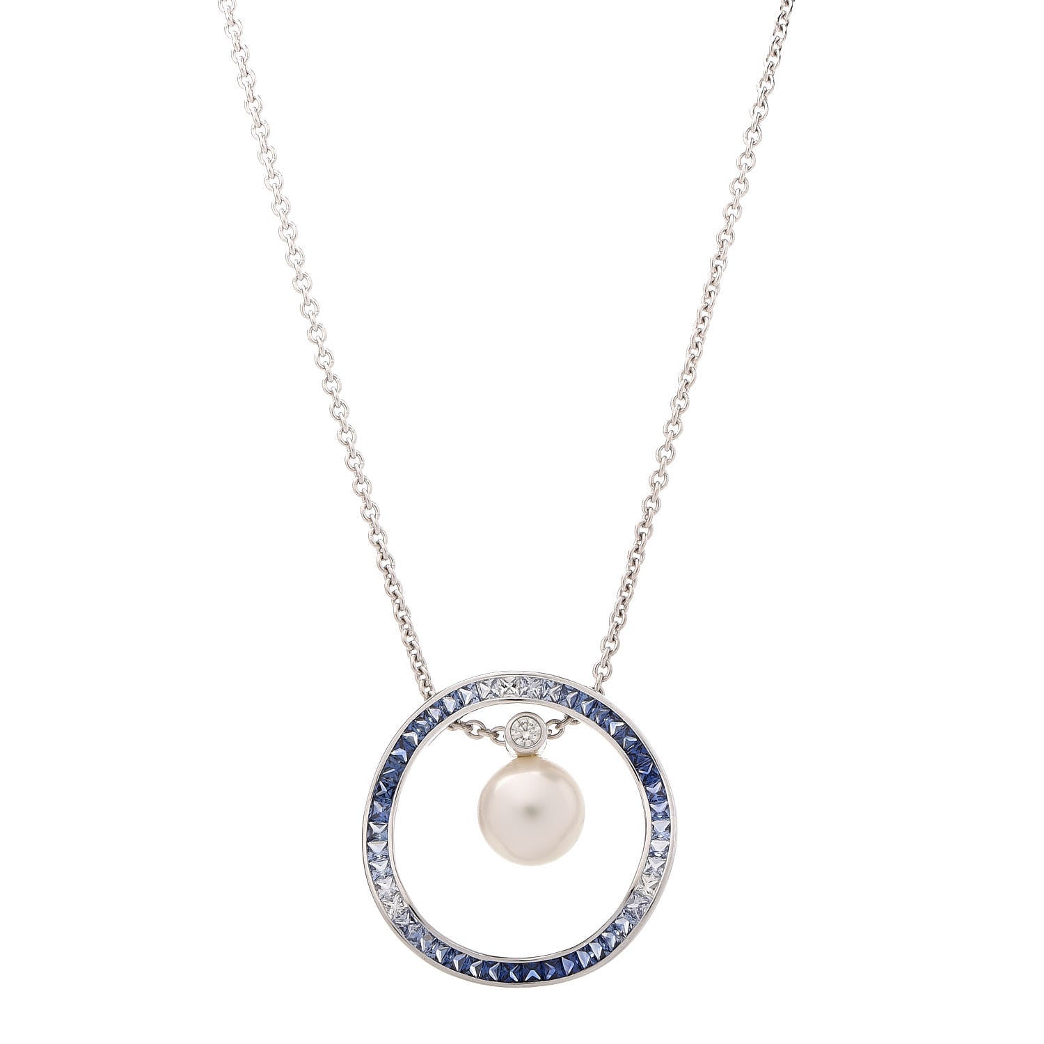 Mikimoto 18K White Gold Sapphire Diamond Akoya Pearl 9.5-10mm Elements of Life Pendant Necklace 1 of 6