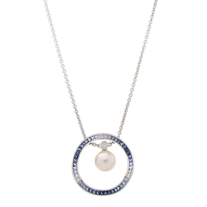 Mikimoto 18K White Gold Sapphire Diamond Akoya Pearl 9.5-10mm Elements of Life Pendant Necklace 1 of 6