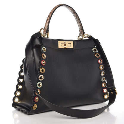 Fendi Vitello Seta Elaphe Nappa Grommet Medium Peekaboo Iconic Satchel Black Multicolor 3 of 7