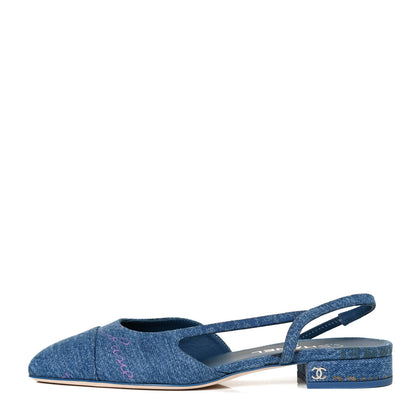 Chanel Denim Cap Toe CC Slingback Flats 38 Light Blue Multicolor 1 of 10