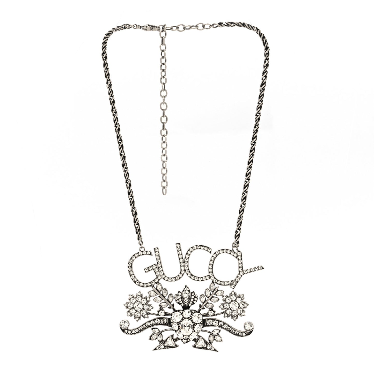 Metal Crystal Guccy Necklace Aged Silver