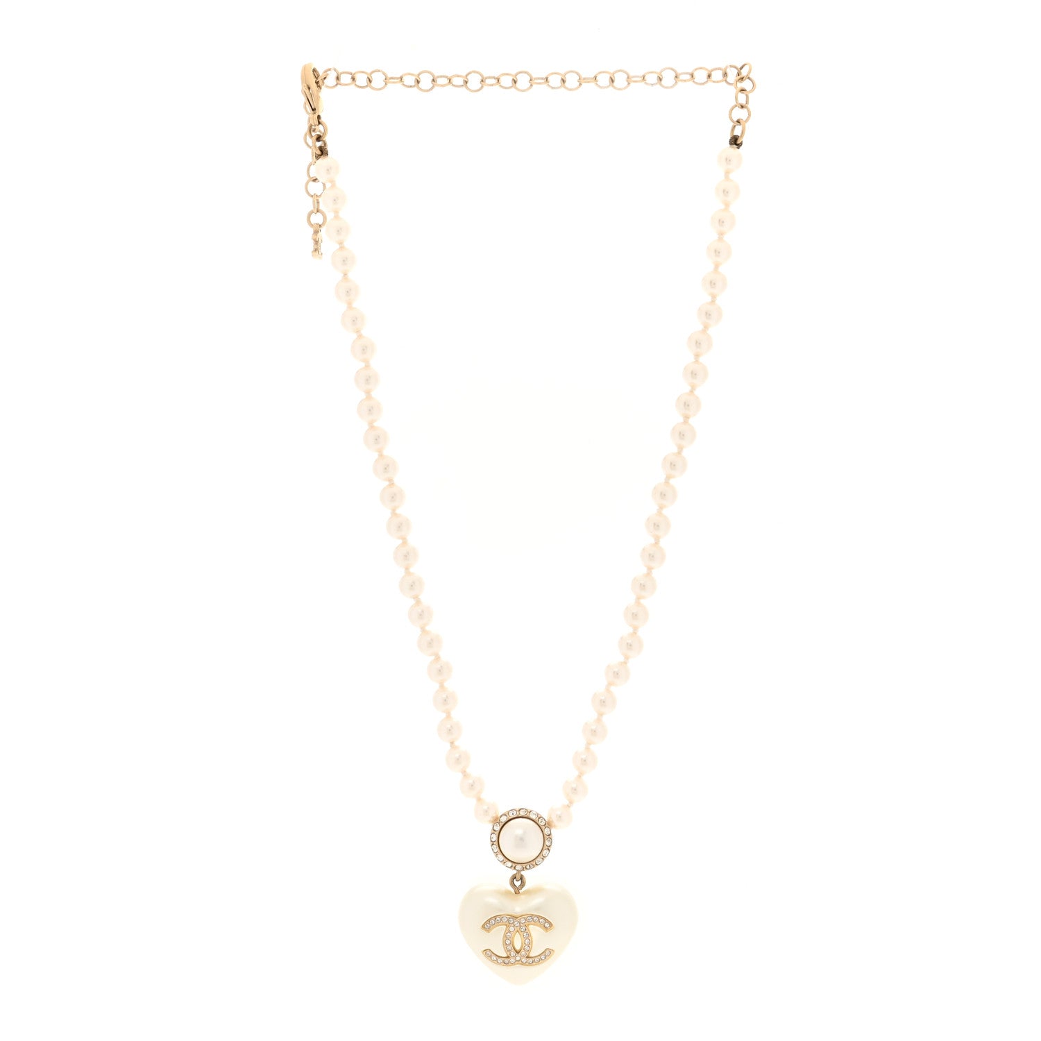 Chanel Pearl Crystal CC Heart Short Necklace Pearly White Gold 3 of 4