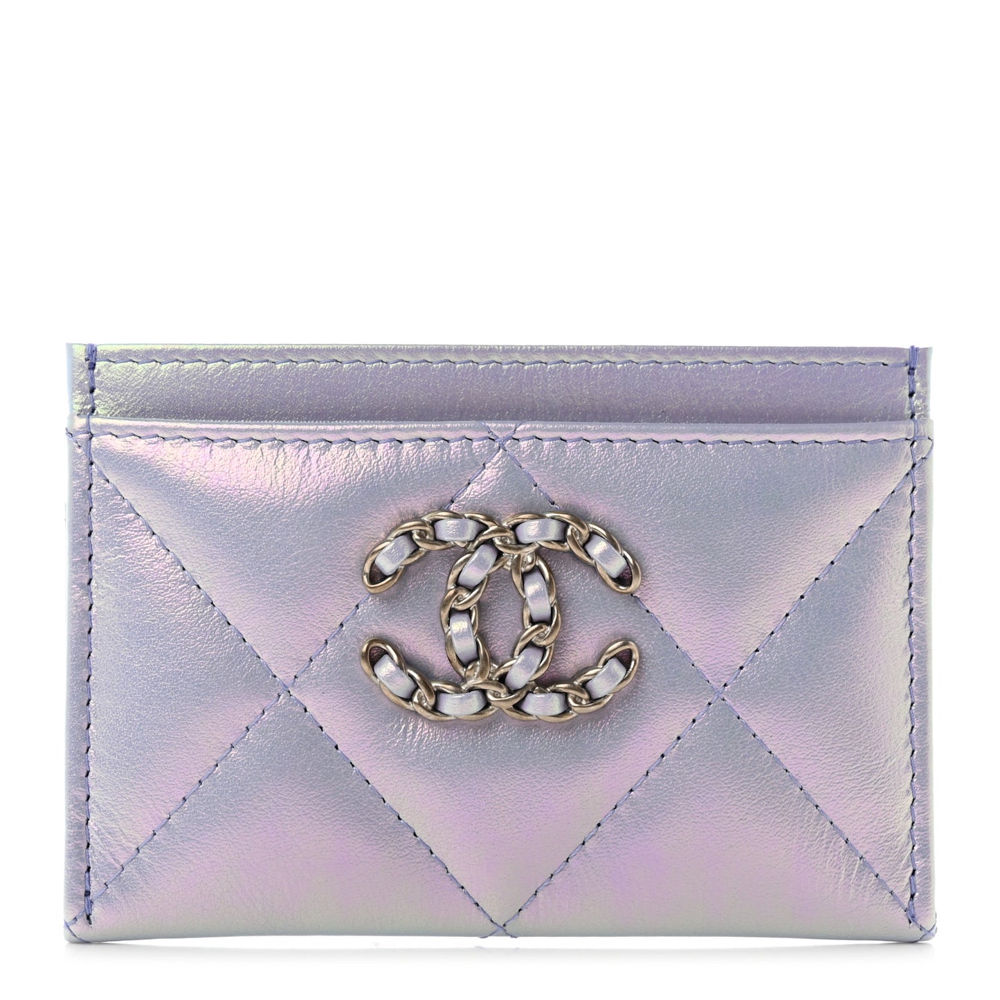 Iridescent Calfskin Quilted Chanel 19 Card Holder Light Purple
