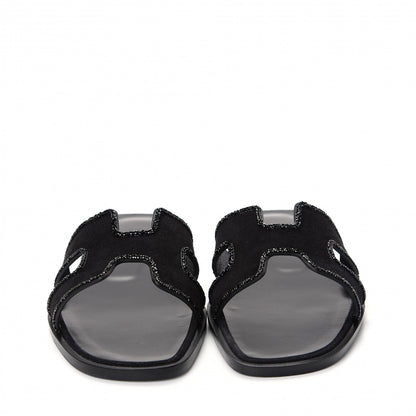 Hermes Suede Goatskin Crystal Oran Sandals 37 Black 2 of 11