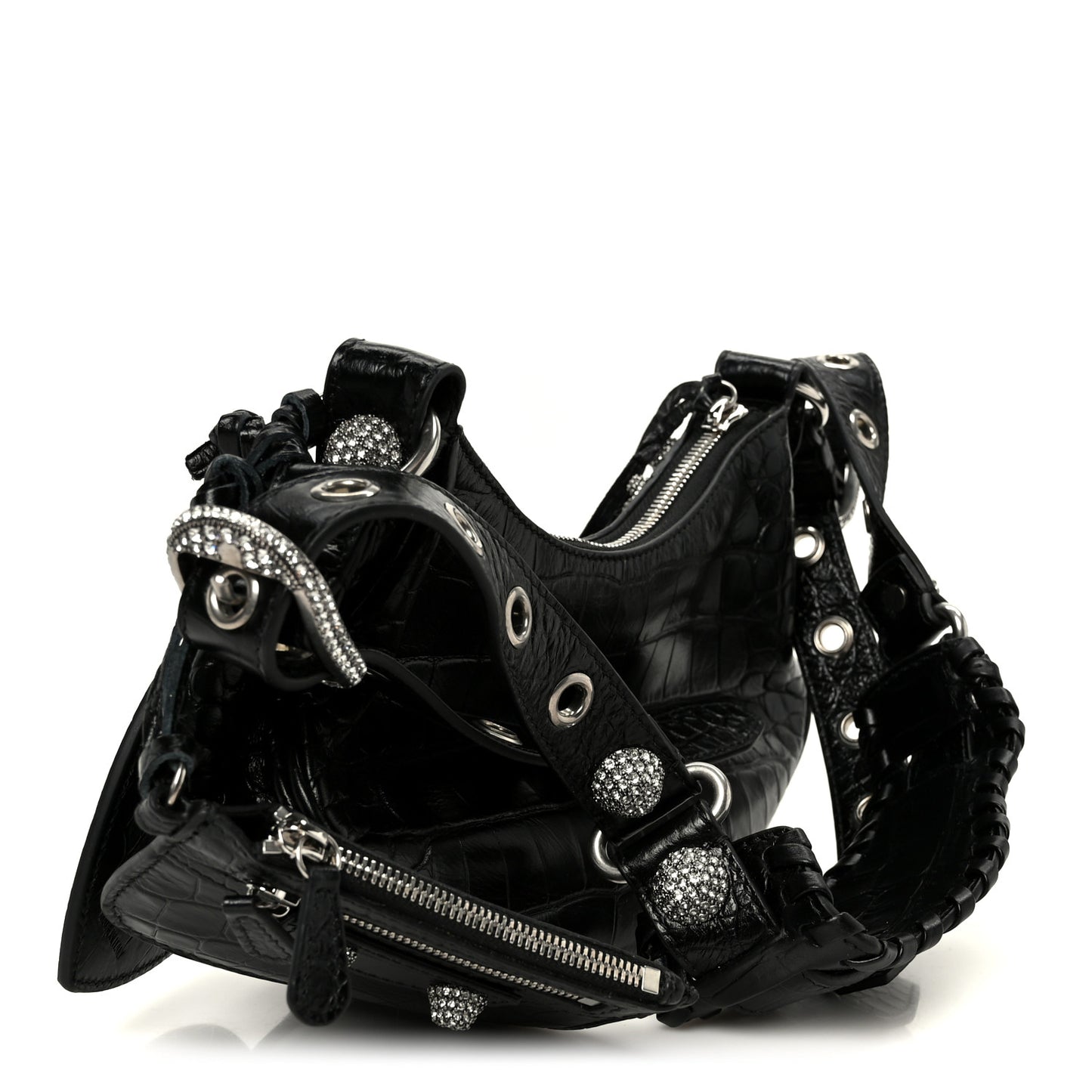 Extra Supple Calfskin Crystal Crocodile Embossed Le Cagole Shoulder Bag XS Black
