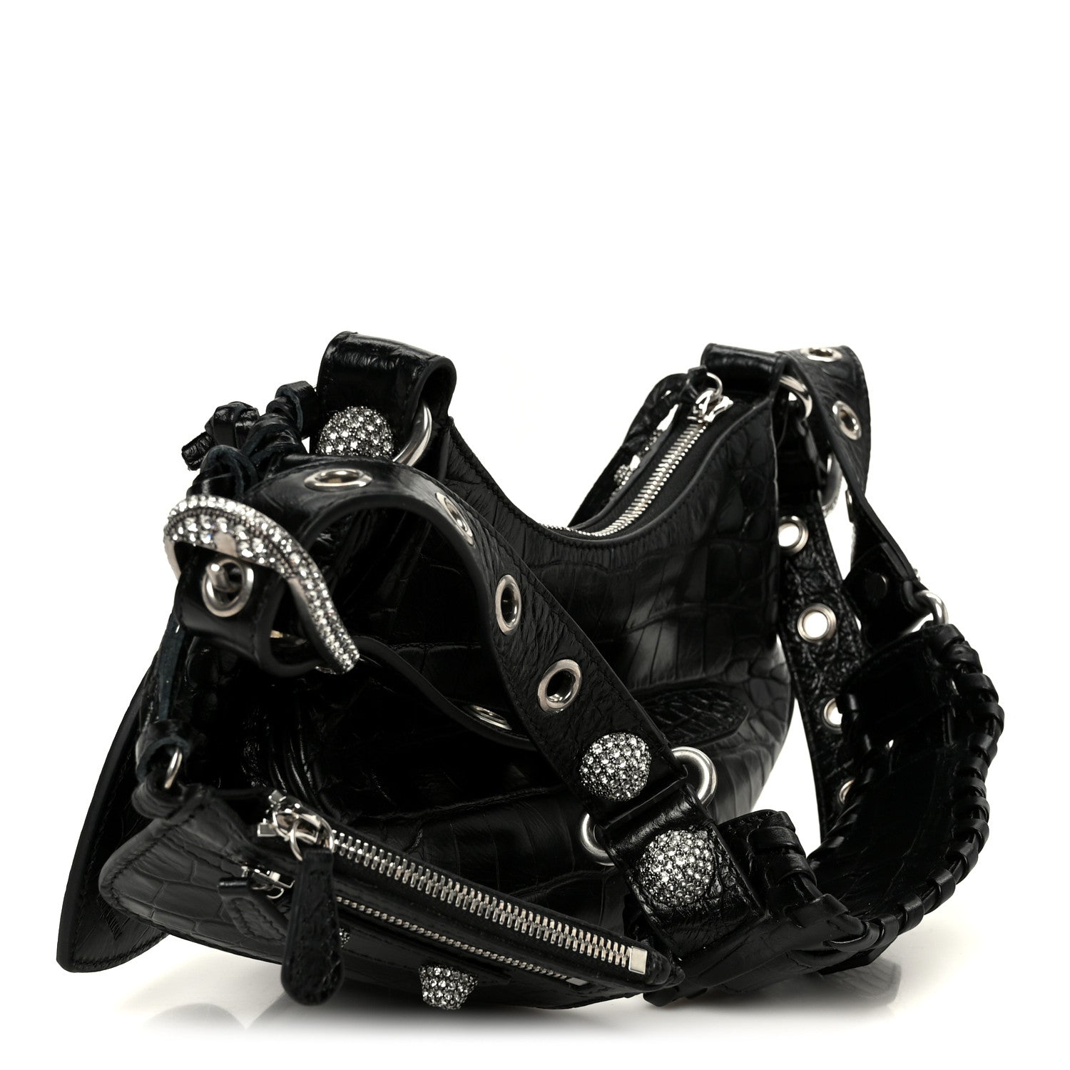 Balenciaga Extra Supple Calfskin Crystal Crocodile Embossed Le Cagole Shoulder Bag XS Black 3 of 10