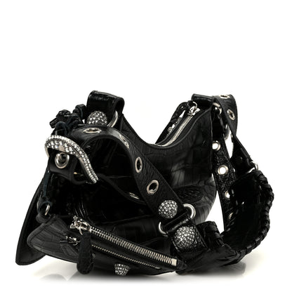 Balenciaga Extra Supple Calfskin Crystal Crocodile Embossed Le Cagole Shoulder Bag XS Black 3 of 10