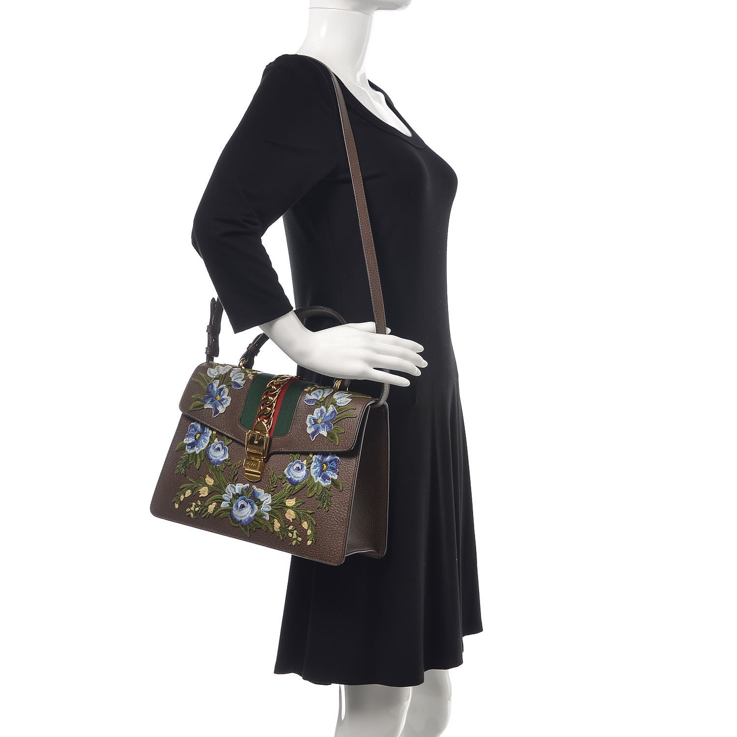Gucci Calfskin Embroidered Medium Sylvie Top Handle Bag New Acero Multicolor 2 of 14
