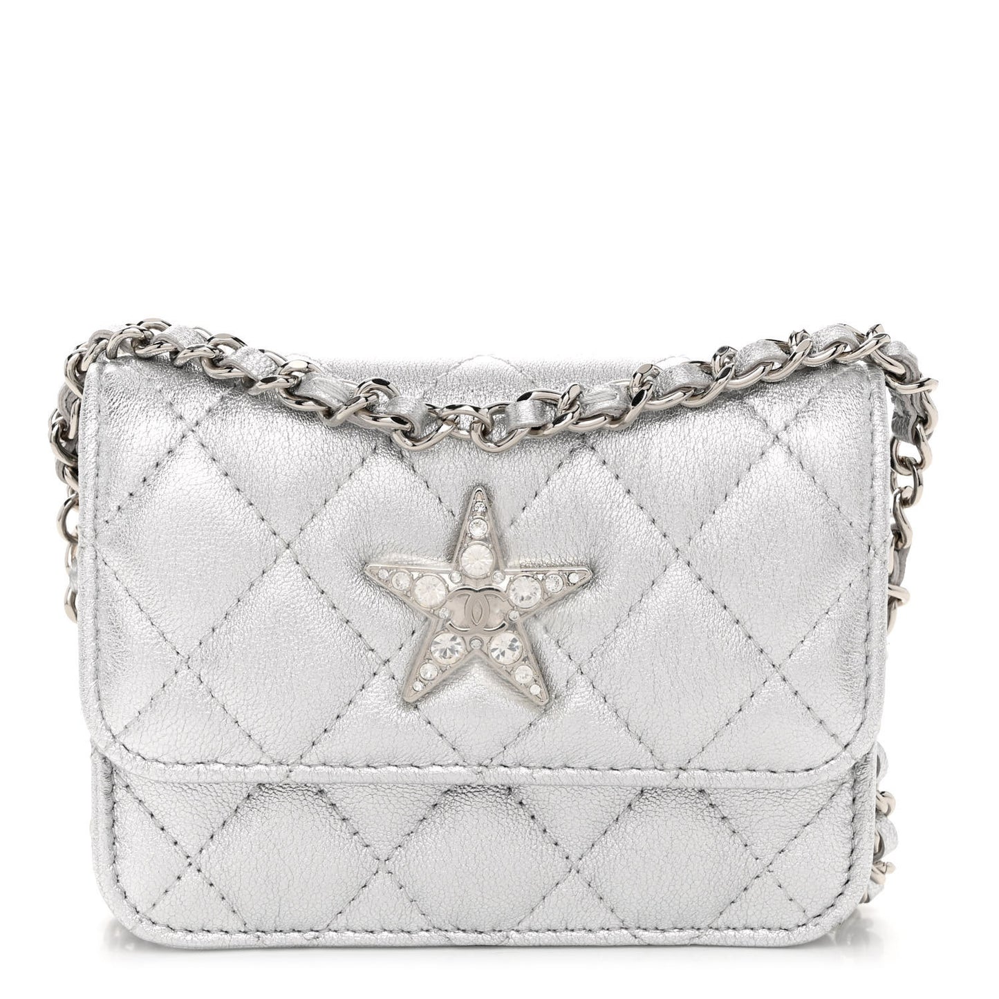 Metallic Goatskin Quilted Crystal CC Walk Of Fame Clutch With Chain Silver